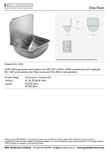 GEC Anderson Data Sheet - Cleaners Sink UG40