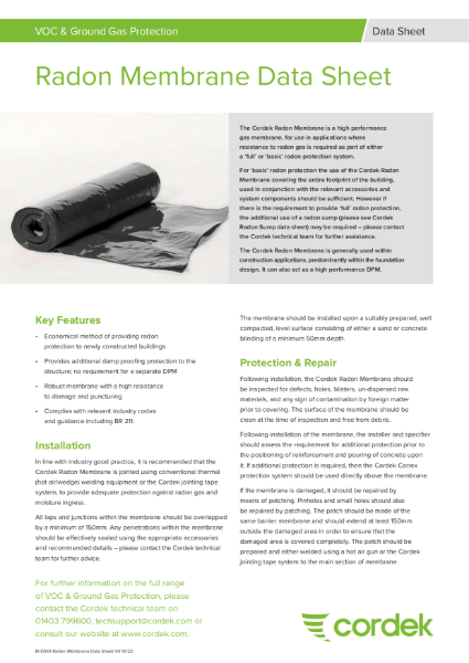 Cordek Radon Membrane Data Sheet