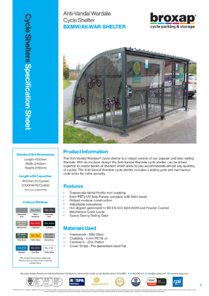 Anti-Vandal Wardale Cycle Shelter Specification Sheet