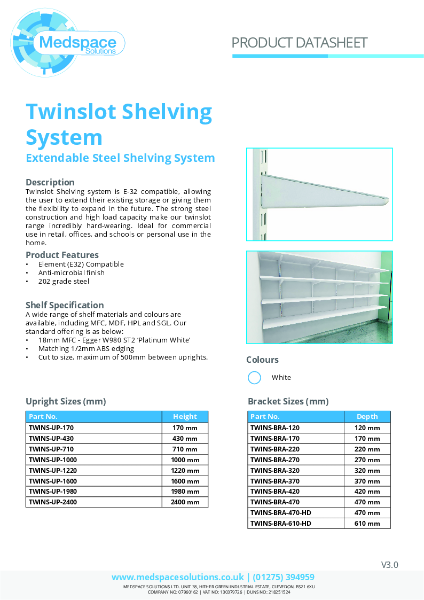 Twinslot Shelves – Product Data Sheet