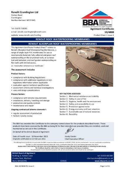 RENOLIT ALKORPLAN ROOF MEMBRANES BBA certificate 10/4808