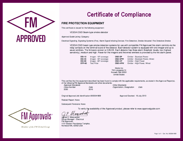 XTRALIS OSID FM Certificate of Compliance