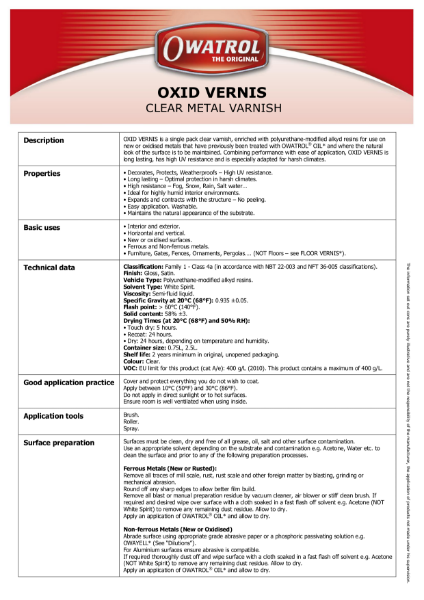 Oxid Vernis Technical Data Sheet
