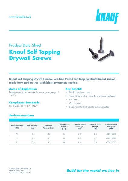 Knauf Self Tapping Drywall Screws Data Sheet