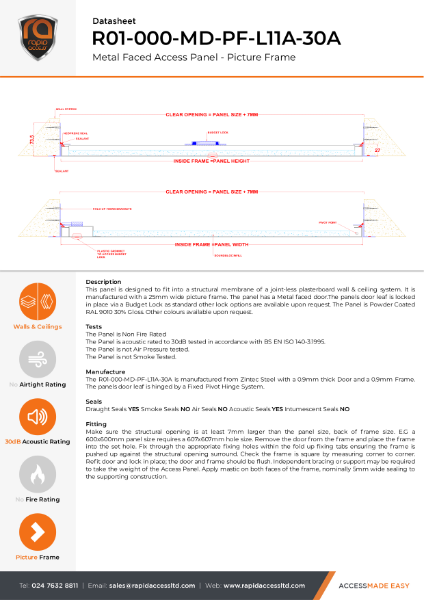 Datasheet - Slim Fit Access Panel Non Fire Rated, 30dB Acoustic