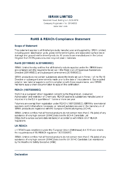 IBRAN RoHS REACh Compliance Statement