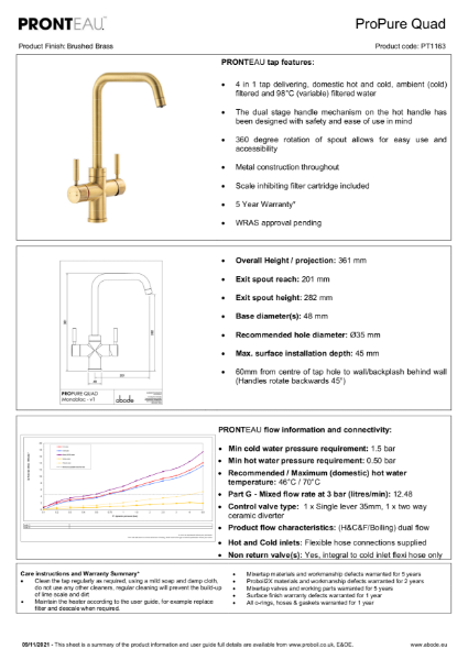 PT1163 PRONTEAU Propure Quad Spout (Brushed Brass), 4 in 1 Tap - Consumer Specification