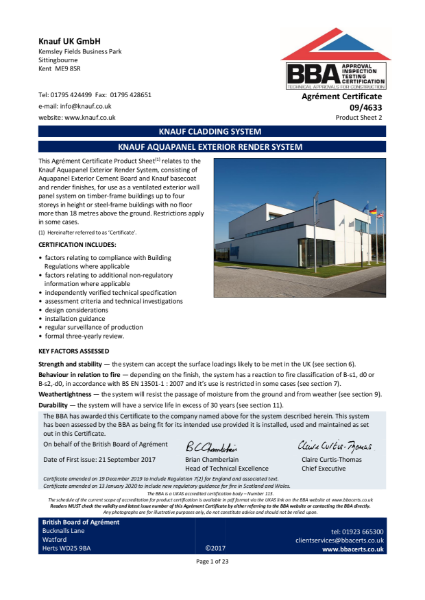 Knauf AQUAPANEL® Exterior Render System BBA Certificate
