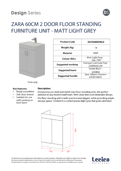 Zara 60 cm 2 Door Floor Standing Unit - Matt Light Grey