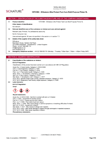 SIGnature Ultra Protect Fast-Cure Multipurpose Primer - Safety Data Sheet