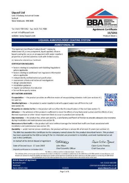 ASBESTOSEAL 20, Liquasil Asbestos Roof Coating System, Product Sheet 1 - Certificate: 15/5266