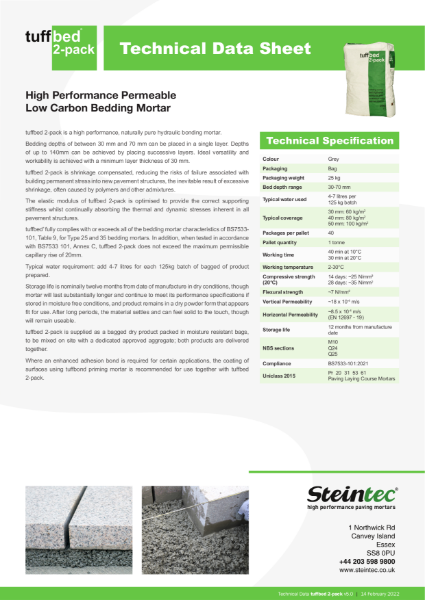 tuffbed 2-Pack, High Performance, Type 35 bedding mortar with full permeability and low carbon characteristics.