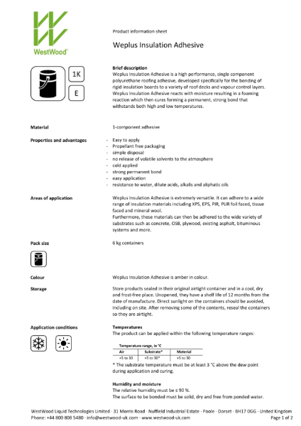 Weplus Insulation Adhesive - Product information sheet