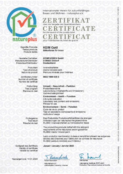 Keim Optil NaturePlus Certificate