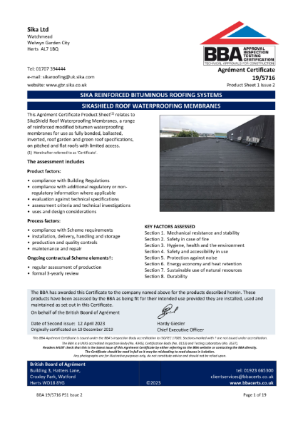 Sika Roofing SikaShield Roof Waterproofing Membranes BBA Certificate