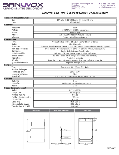 Spécifications techniques du Sanuvair S300 (FR)