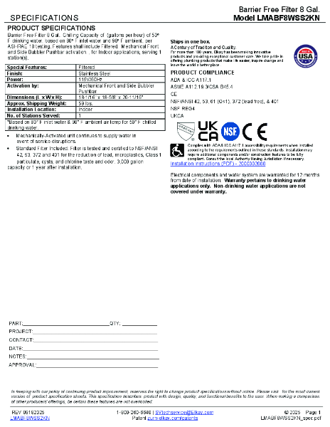 Elkay LMABF8WSS2KN Technical Data Sheet