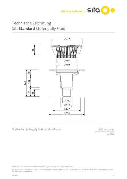 DN70/DN100 SitaStandard Liquid Stepped Roof Outlet - Technical Drawing