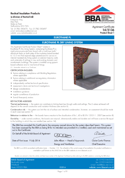 BBA Certificate 14/5136 Eurothane PL dry lining system