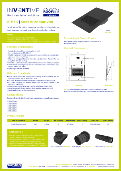 Timloc Building Products RTV-SIS Small Inline Slate Vent Datasheet