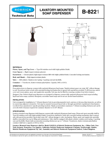 Lavatory-Mounted Soap Dispenser - B-8221