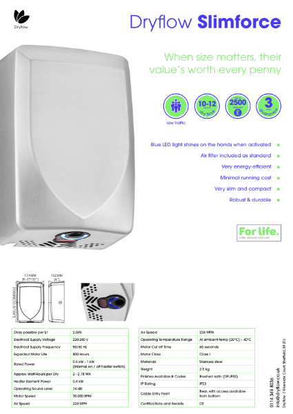 Hand Dryer Spec Sheet - Dryflow® Slimforce Slimline Compact Hand Dryer