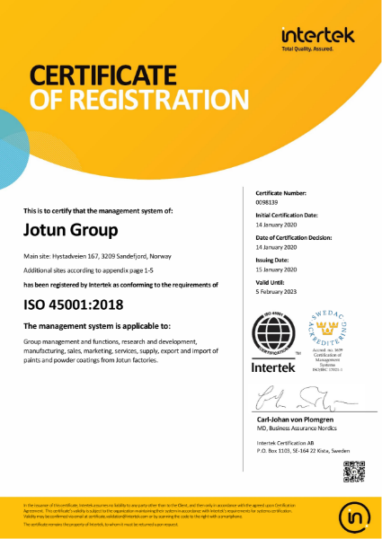 Jotun Paints ISO 45001 accreditation
