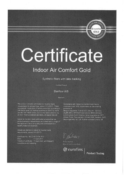 Euro Fins Gold assurance for Indoor Air Quality Certificate