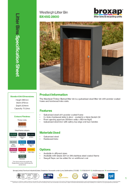 Westleigh Timber Slatted Litter bin Specification Sheet