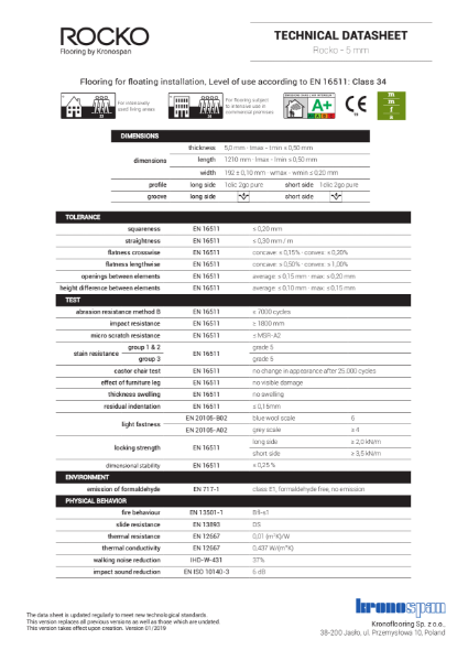 Rocko Vinyl Flooring Technical Datasheet