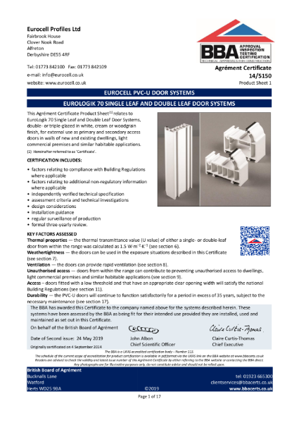 Logik PVC-U Door BBA Certificate 14/5150