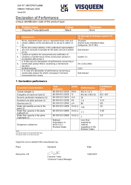 Tanking UKCA Visqueen Protect&Drain6 Declaration of Performance