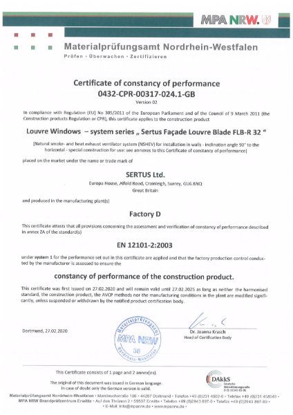 Certificate of Constancy of Performance – Façade Louvre Blade (FLB-RG)