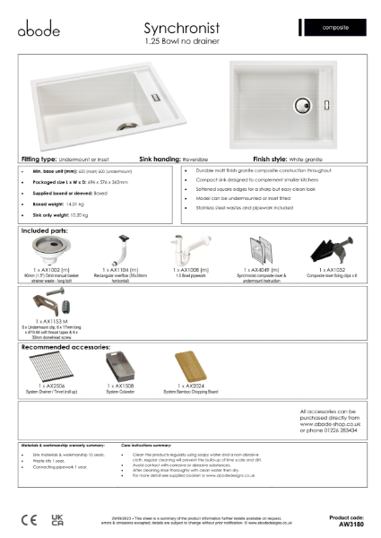 Synchronist Sink Large. 1.25 Bowl. No Drainer. Matt White. Specification Sheet.