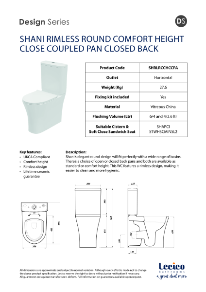 Shani Rimless Round Comfort Height Close Coupled Pan Closed Back