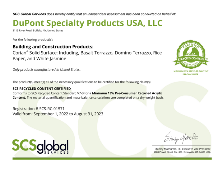 Corian® Solid Surface Recycled Content Certification (13%)