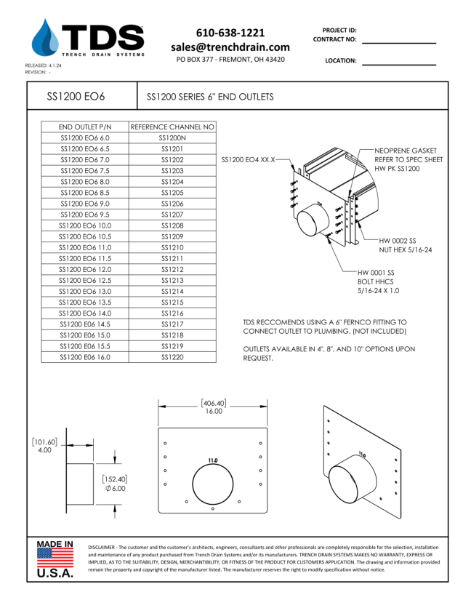 SS1200 Series 6" End Outlets