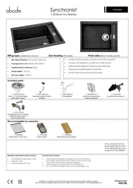 Synchronist Sink Large. 1.25 Bowl. No Drainer. Matt Black. Specification Sheet.