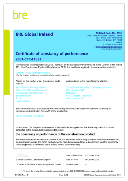 Certificate of constancy of performance