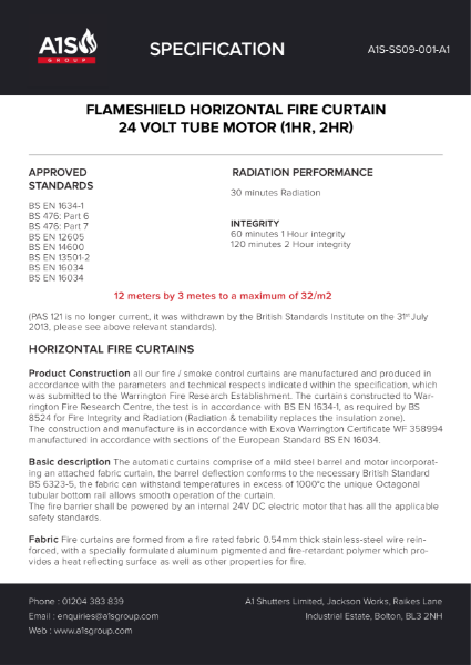 A1S Flameshield Horizontal Fire Curtain Specification