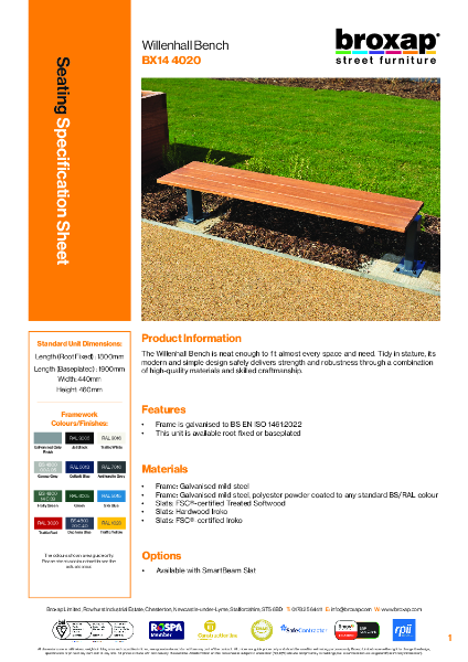Willenhall Smart Bench Specification Sheet