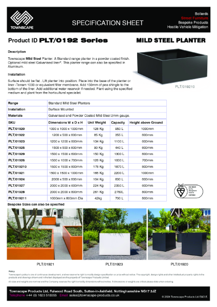 Standard Mild Steel Planters Specification sheet PLT192 Series