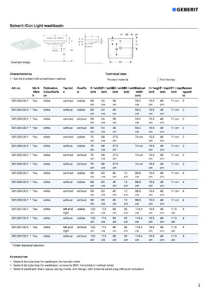 Geberit iCon Light Washbasin Data Sheet