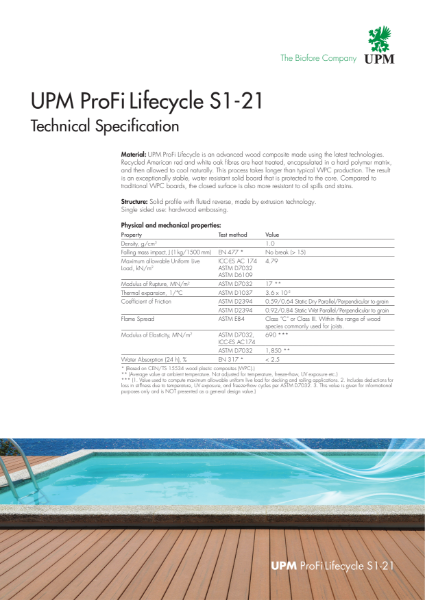 UPM ProFi Lifecycle S1-21 Technical Specification
