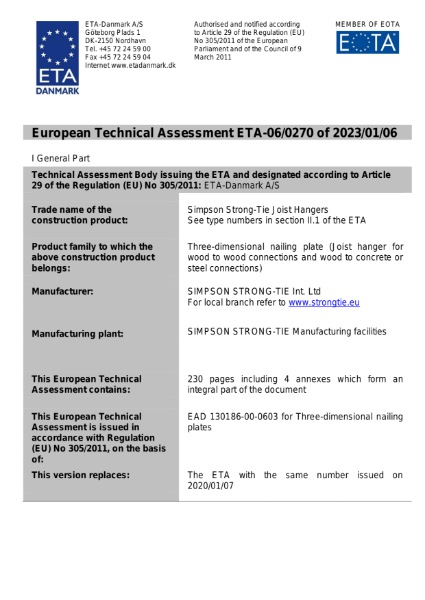 European Technical Assessment ETA-06/0270 of 2023/01/06