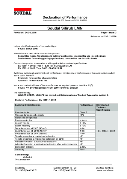 Declaration of Performance - Silirub LMN