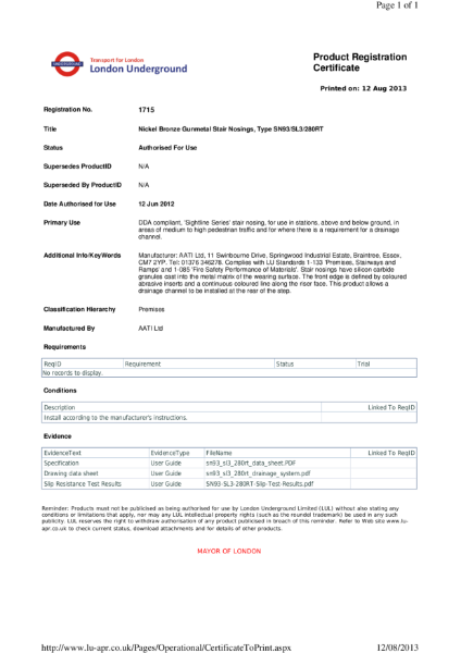 AATi certificate for product ref: SN293/WL/280RT with reverse tapered grooves