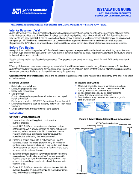 JM AP Foil Faced Sheathing Below-Grade Interior Walls Installation Instructions