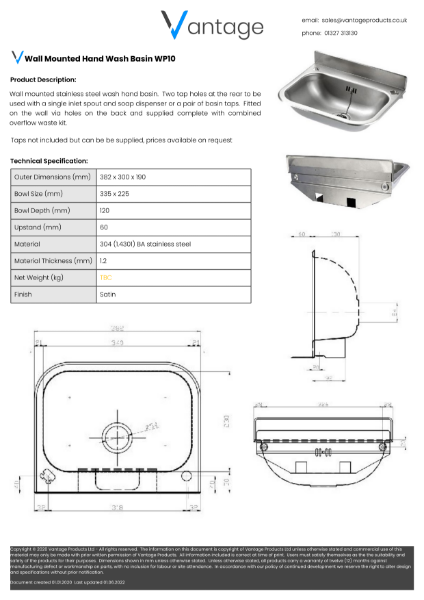 Product Data Sheet - WP10 - Wall Mounted Handwash Basin