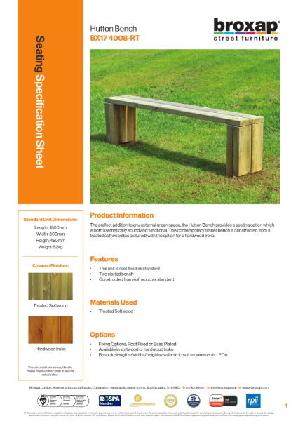 Hutton Bench Specification Sheet